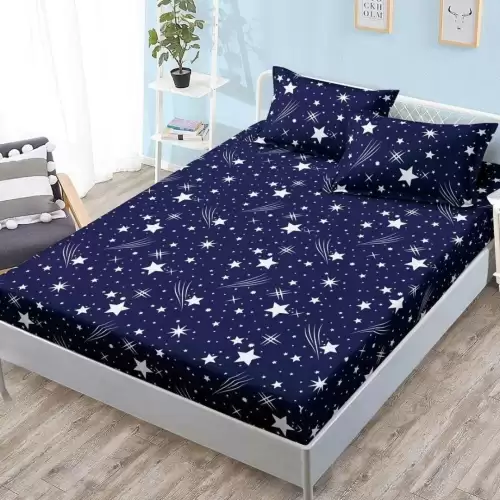 Cearsaf cu Elastic, Bumbac Satinat, 180x200 cm + 2 Fete de Perna 50x70 cm, Bleumarin, Ploaie de stele