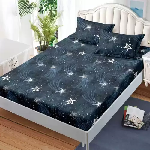 Cearsaf cu Elastic, Bumbac Satinat, 180x200 cm + 2 Fete de Perna 50x70 cm, Bleumarin, stelute