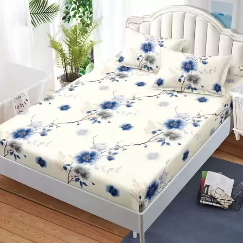 Cearsaf cu Elastic, Bumbac Satinat, 180x200 cm + 2 Fete de Perna 50x70 cm, Crem, flori