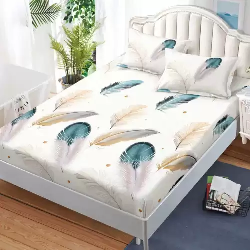 Cearsaf cu Elastic, Bumbac Satinat, 180x200 cm + 2 Fete de Perna 50x70 cm, Crem, pene