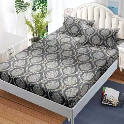 Cearsaf cu Elastic, Bumbac Satinat, 180x200 cm + 2 Fete de Perna 50x70 cm, Gri, abstract