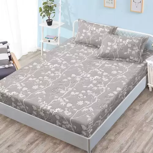 Cearsaf cu Elastic, Bumbac Satinat, 180x200 cm + 2 Fete de Perna 50x70 cm, Gri, crengute