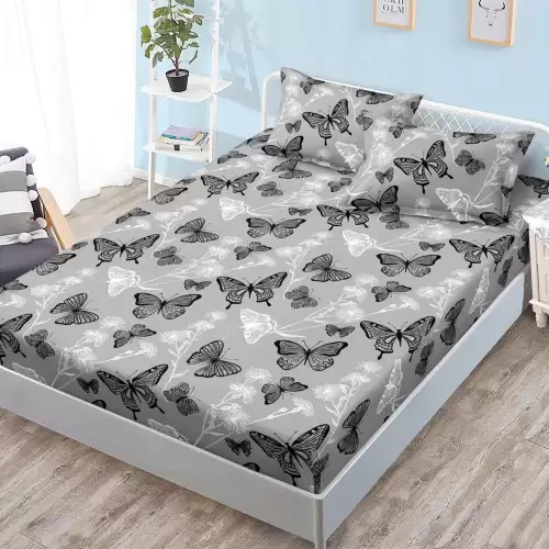 Cearsaf cu Elastic, Bumbac Satinat, 180x200 cm + 2 Fete de Perna 50x70 cm, Gri, fluturi