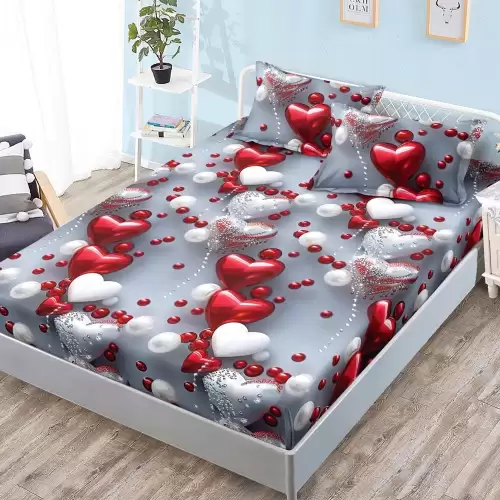 Cearsaf cu Elastic, Bumbac Satinat, 180x200 cm + 2 Fete de Perna 50x70 cm, Gri, inimioare