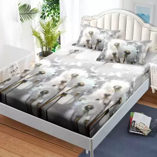 Cearsaf cu Elastic, Bumbac Satinat, 180x200 cm + 2 Fete de Perna 50x70 cm, Gri, papadii