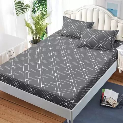 Cearsaf cu Elastic, Bumbac Satinat, 180x200 cm + 2 Fete de Perna 50x70 cm, Gri, romburi