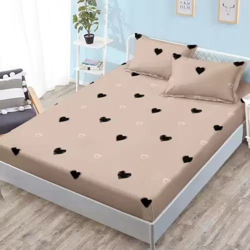 Cearsaf cu Elastic, Bumbac Satinat, 180x200 cm + 2 Fete de Perna 50x70 cm, Maro, Inimioare