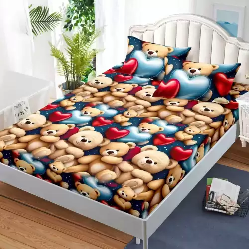 Cearsaf cu Elastic, Bumbac Satinat, 180x200 cm + 2 Fete de Perna 50x70 cm, Maro, ursuleti