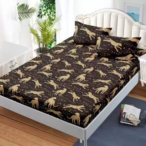 Cearsaf cu Elastic, Bumbac Satinat, 180x200 cm + 2 Fete de Perna 50x70 cm, Negru, leoparzi