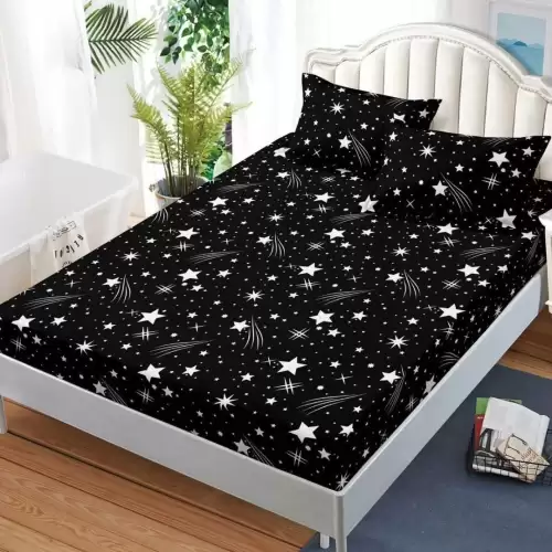 Cearsaf cu Elastic, Bumbac Satinat, 180x200 cm + 2 Fete de Perna 50x70 cm, Negru, Ploaie de stele