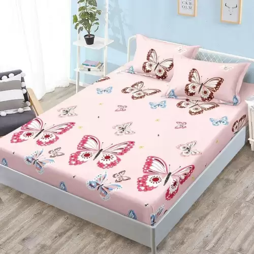 Cearsaf cu Elastic, Bumbac Satinat, 180x200 cm + 2 Fete de Perna 50x70 cm, Roz, Fluturi