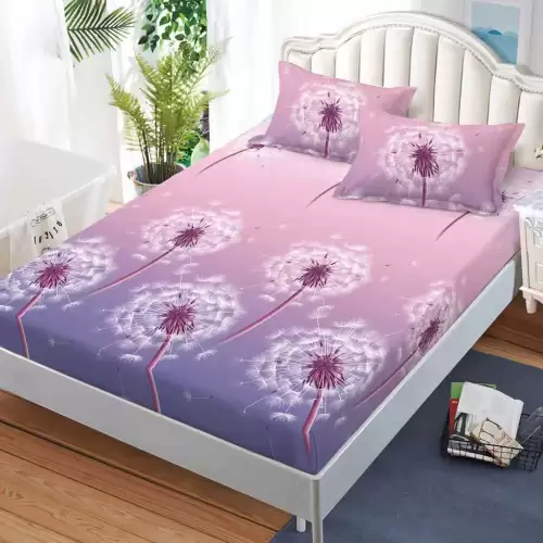 Cearsaf cu Elastic, Bumbac Satinat, 180x200 cm + 2 Fete de Perna 50x70 cm, Roz, papadii