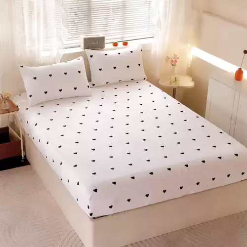 Cearsaf cu Elastic Cocolino 180x200cm si 2 fete de perna 50x70cm, Alb, Negru, Inimioare