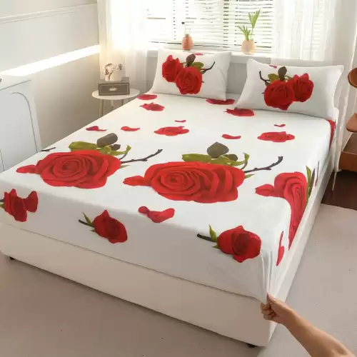 Cearsaf cu Elastic Cocolino 180x200cm si 2 fete de perna 50x70cm, Alb, Trandafiri Rosii