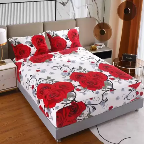 Cearsaf cu Elastic Cocolino 180x200cm si 2 fete de perna 50x70cm, Alb, Trandafiri Rosii