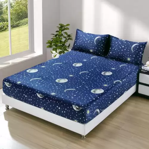 Cearsaf cu Elastic Cocolino 180x200cm si 2 fete de perna 50x70cm, Albastru, Planete