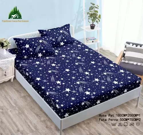 Cearsaf cu Elastic Cocolino 180x200cm si 2 fete de perna 50x70cm, Albastru, Ploaie de Stele