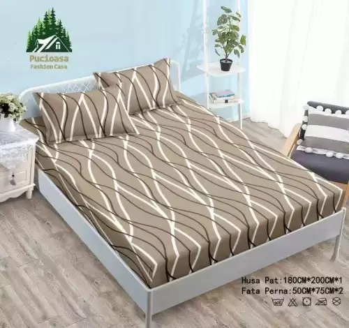 Cearsaf cu Elastic Cocolino 180x200cm si 2 fete de perna 50x70cm, Bej, Dungi