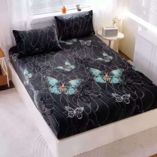 Cearsaf cu Elastic Cocolino 180x200cm si 2 fete de perna 50x70cm, Bleumarin, Fluturi