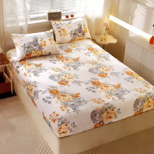 Cearsaf cu Elastic Cocolino 180x200cm si 2 fete de perna 50x70cm, Crem, Flori