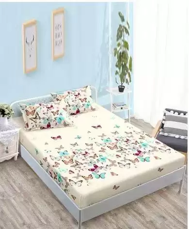 Cearsaf cu Elastic Cocolino 180x200cm si 2 fete de perna 50x70cm, Crem, Fluturi