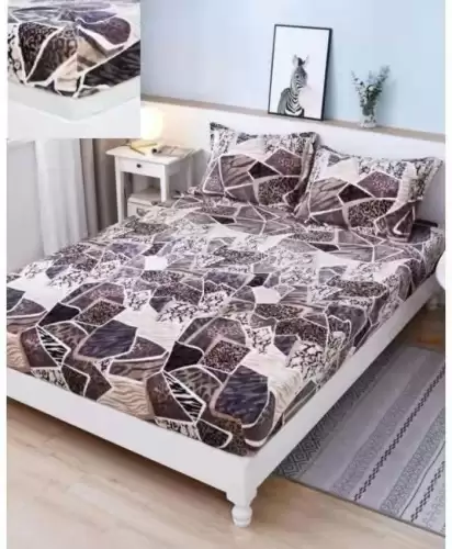 Cearsaf cu Elastic Cocolino 180x200cm si 2 fete de perna 50x70cm, Gri, Maro, Forme Geormetrice