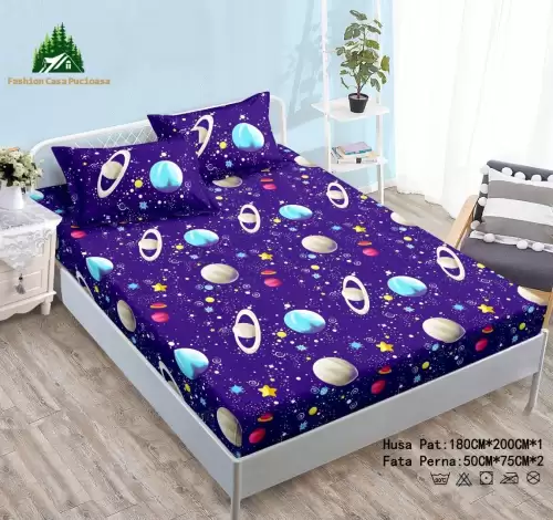 Cearsaf cu Elastic Cocolino 180x200cm si 2 fete de perna 50x70cm, Mov, Planete