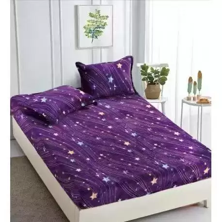 Cearsaf cu Elastic Cocolino 180x200cm si 2 fete de perna 50x70cm, Mov, Stelute