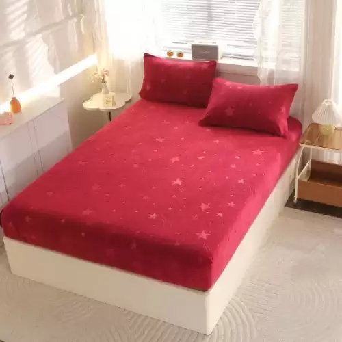 Cearsaf cu Elastic Cocolino 180x200cm si 2 fete de perna 50x70cm, Ploaie de Stele, Rosu