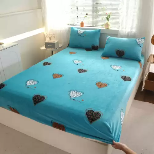 Cearsaf cu Elastic Cocolino 180x200cm si 2 fete de perna 50x70cm, Turcuaz, inimioare