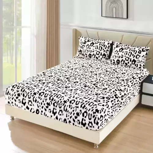Cearsaf cu Elastic, Cocolino Sherpa Touch, 180x200cm si 2 fete de perna 50x70cm, Model Leopard, Alb