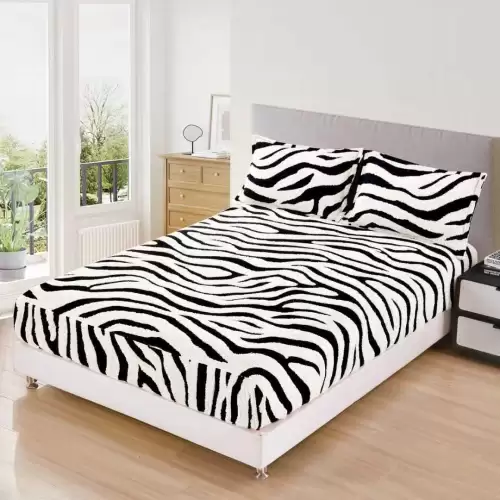 Cearsaf cu Elastic, Cocolino Sherpa Touch, 180x200cm si 2 fete de perna 50x70cm, Model Zebrat, Alb