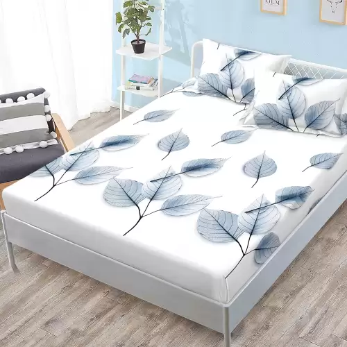 Cearsaf cu elastic, FINET, 180x200cm, 2 fete de perne 50x70cm, Alb, frunze albastre