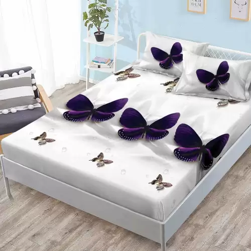 Cearsaf cu elastic, FINET, 180x200cm, 2 fete de perne 50x70cm, Alb, Mov, fluturi