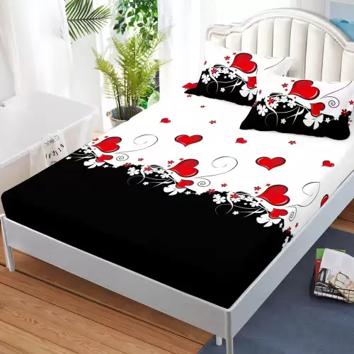 Cearsaf cu elastic, FINET, 180x200cm, 2 fete de perne 50x70cm, Alb, Negru, inimioare