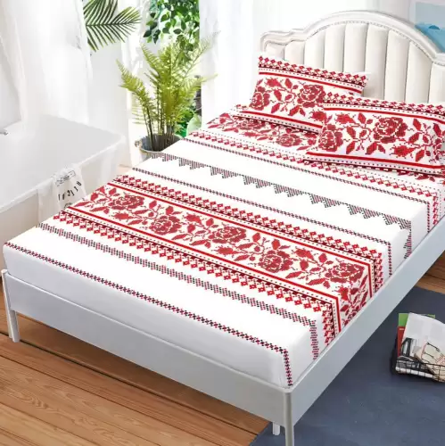 Cearsaf cu elastic, FINET, 180x200cm, 2 fete de perne 50x70cm, Alb-Rosu, model traditional