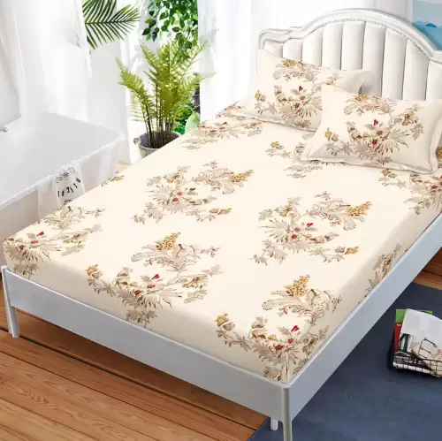 Cearsaf cu elastic, FINET, 180x200cm, 2 fete de perne 50x70cm, Bej, flori