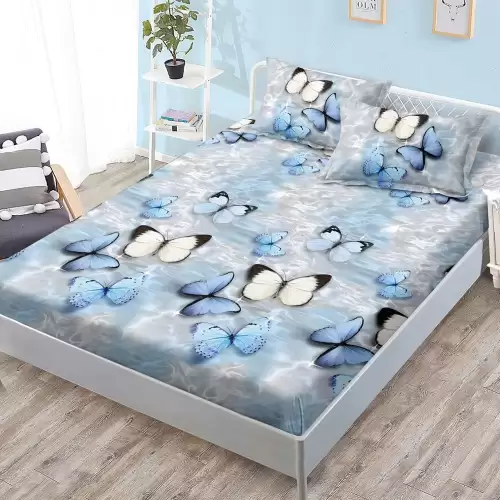 Cearsaf cu elastic, FINET, 180x200cm, 2 fete de perne 50x70cm, Gri, Bleu, fluturi