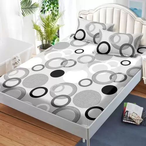 Cearsaf cu elastic, FINET, 180x200cm, 2 fete de perne 50x70cm, Gri, cercuri