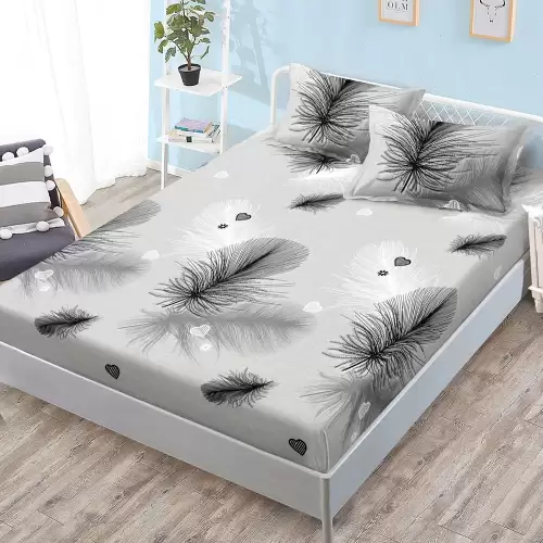 Cearsaf cu elastic, FINET, 180x200cm, 2 fete de perne 50x70cm, Gri, pene