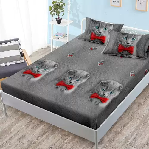 Cearsaf cu elastic, FINET, 180x200cm, 2 fete de perne 50x70cm, Gri, pisicute