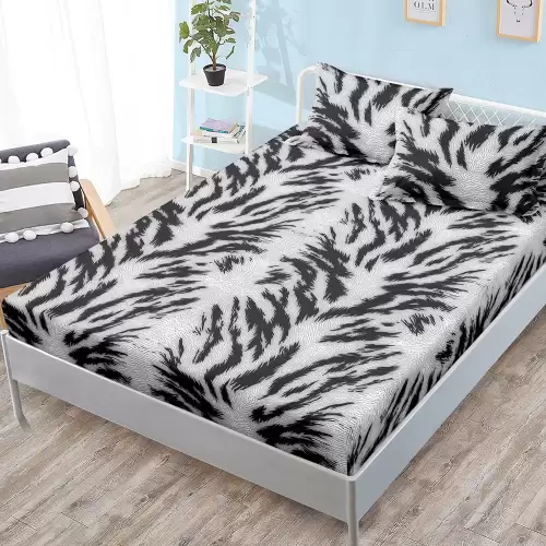 Cearsaf cu elastic, FINET, 180x200cm, 2 fete de perne 50x70cm, Negru, Gri, animal print