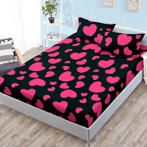 Cearsaf cu elastic, FINET, 180x200cm, 2 fete de perne 50x70cm, Negru, Roz, inimioare