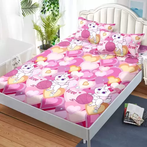 Cearsaf cu elastic, FINET, 180x200cm, 2 fete de perne 50x70cm, Roz, pisicute