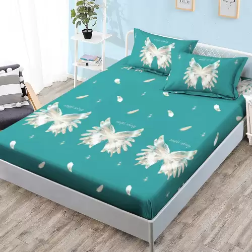 Cearsaf cu elastic, FINET, 180x200cm, 2 fete de perne 50x70cm, Turcuaz, aripi