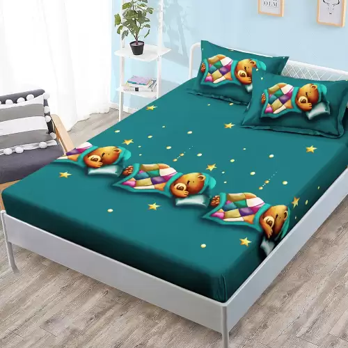 Cearsaf cu elastic, FINET, 180x200cm, 2 fete de perne 50x70cm, Verde, ursuleti