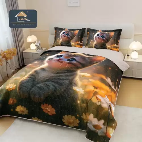 Cuvertura Matlasata, Bumbac Finet, cu Imprimeu 5D, 220x240cm + 2 fete de perna 50x70cm, Bej, Pisicuta