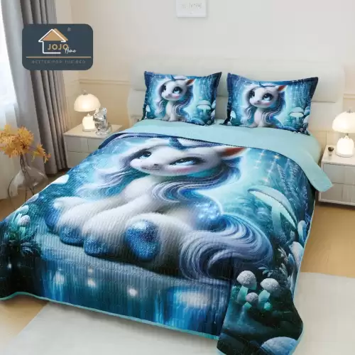 Cuvertura Matlasata, Bumbac Finet, cu Imprimeu 5D, 220x240cm + 2 fete de perna 50x70cm, Bleu, Unicorn