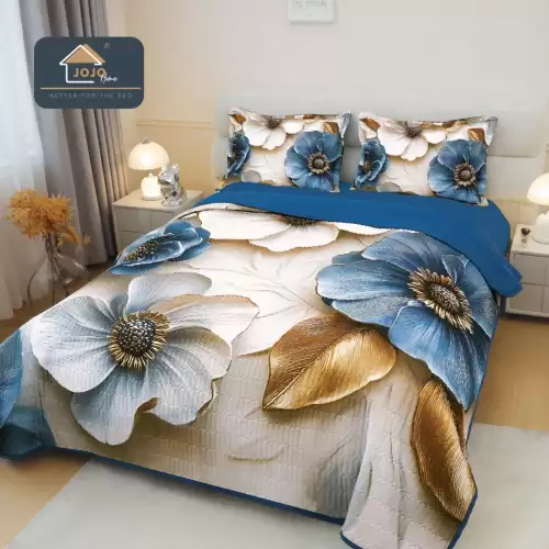 Cuvertura Matlasata, Bumbac Finet, cu Imprimeu 5D, 220x240cm + 2 fete de perna 50x70cm, Crem, Albastru, Flori