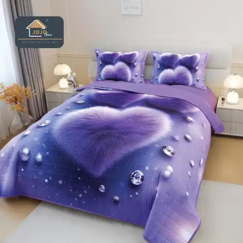 Cuvertura Matlasata, Bumbac Finet, cu Imprimeu 5D, 220x240cm + 2 fete de perna 50x70cm, Lila, Inimioara